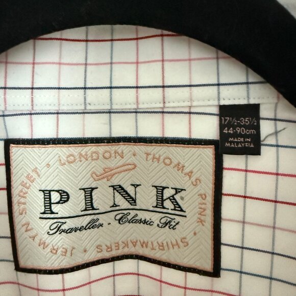 Men Thomas Pink Button Up Plaid Long Sleeve Shirt in Light Pink Size 17.5 - Picture 2 of 8